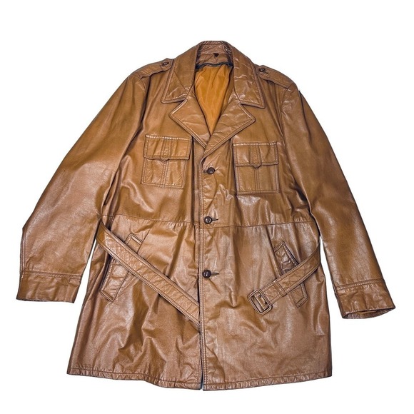 70s VTG Mob Boss Tan Leather Jacket 4 Pocket Belted Jacket Coat  Sz 50XT - Picture 1 of 6